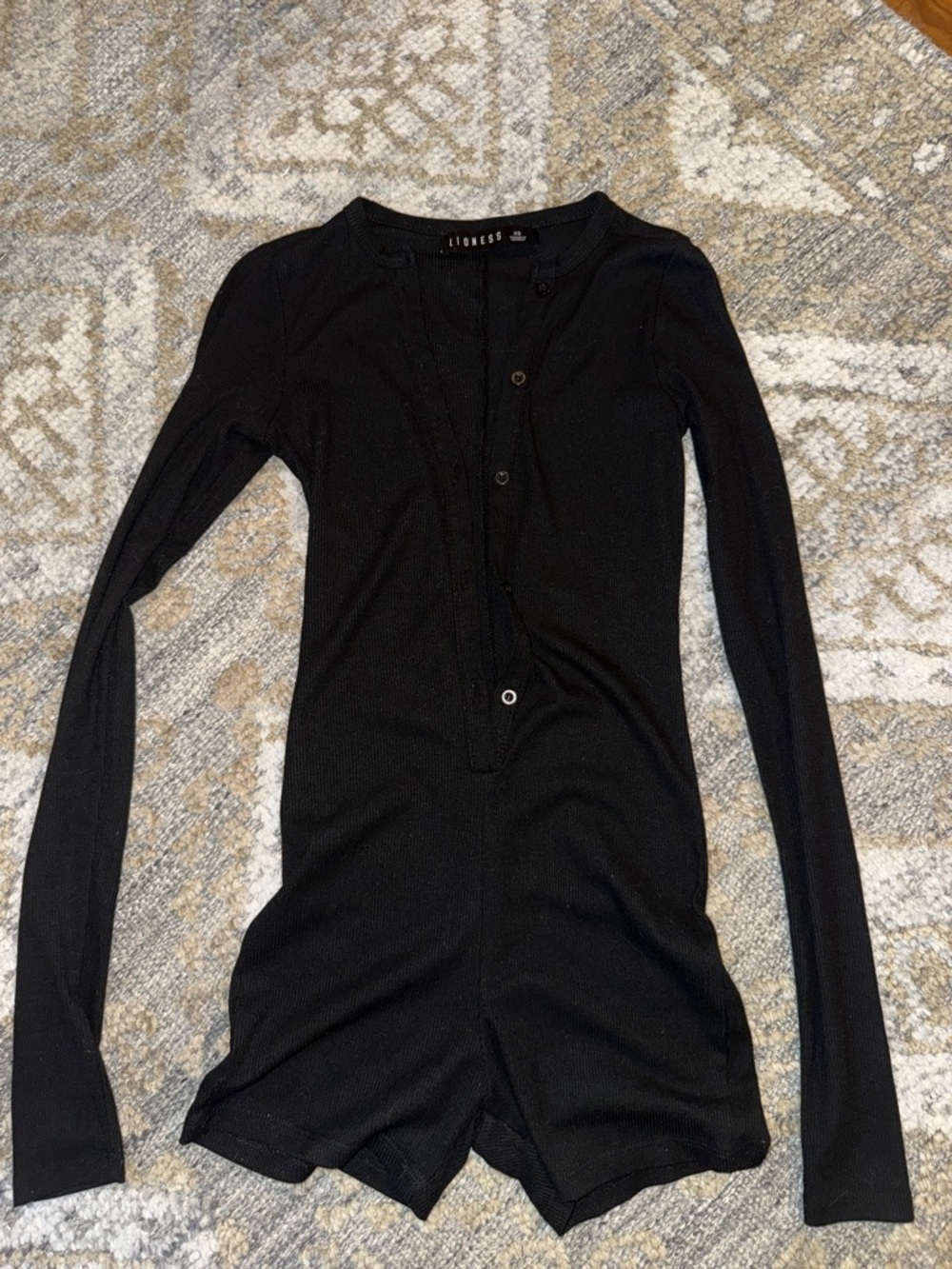 Black Long Sleeve Ribbed Henley Romper / one piece